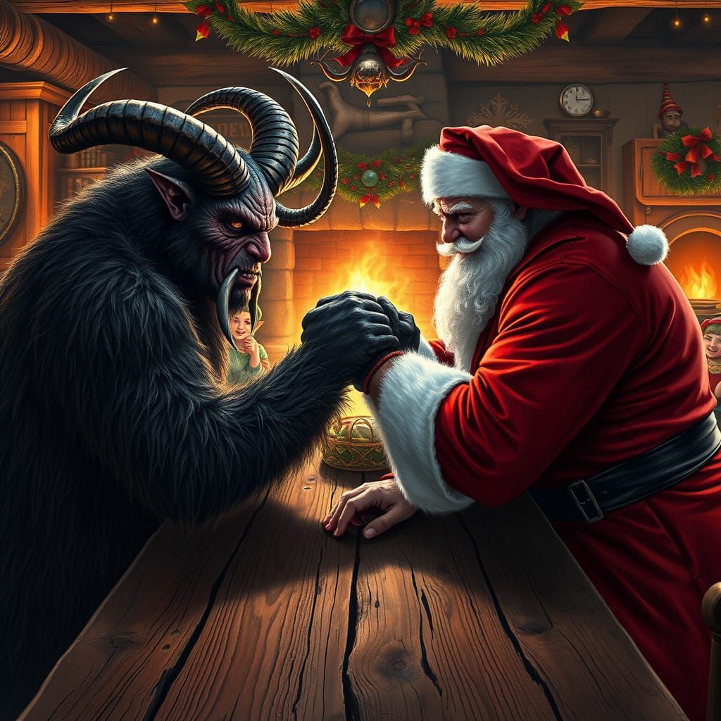 Krampus and Santa: Epic Arm-Wrestling Showdown at a Winter W...