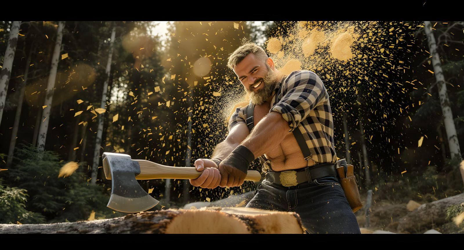 make this a photo realistic image   A young muscular lumberj...