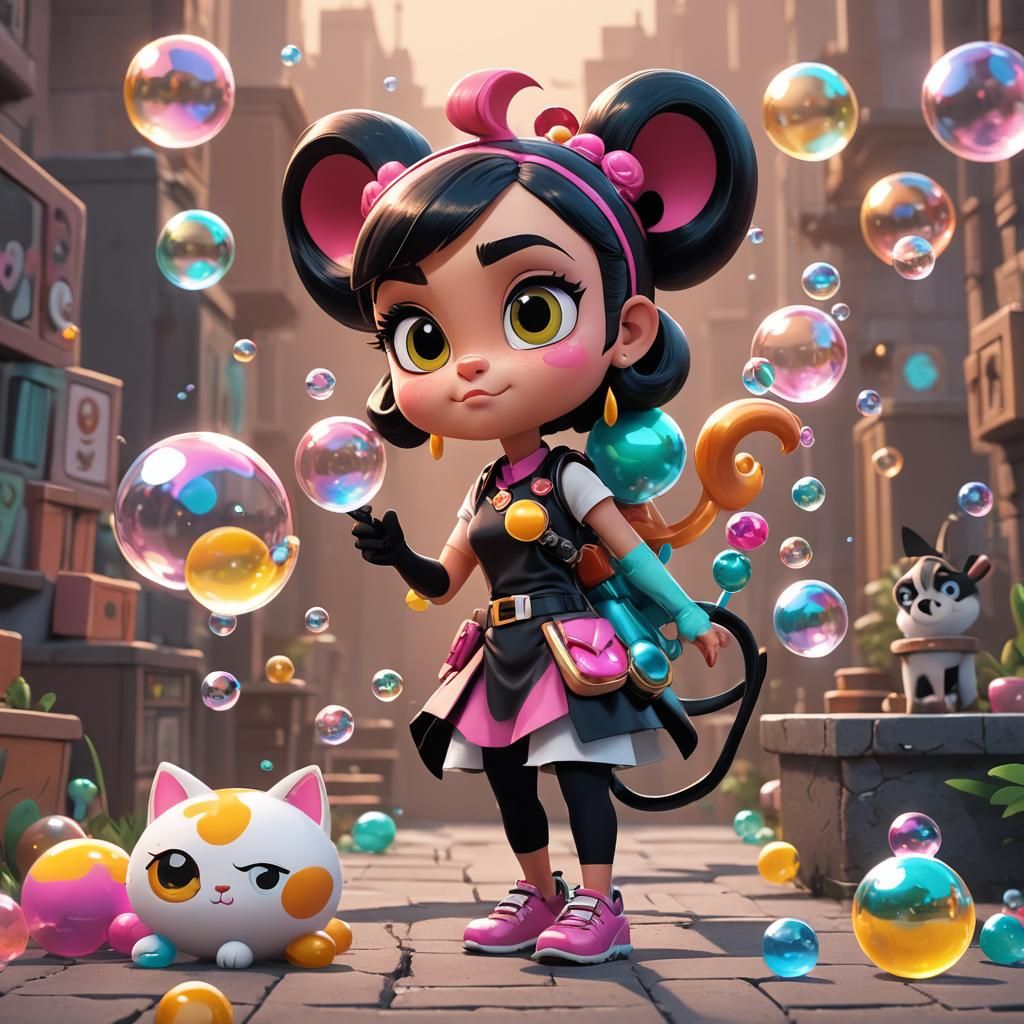 Bubbles Playing Video Games with Cat: Cartoon Art