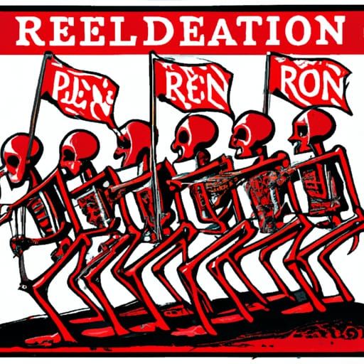 Red Skeleton Leads Rebellion in Woodcut Style
