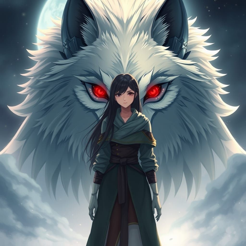 Anime Woman Confronts Giant Red-Eyed Wolf