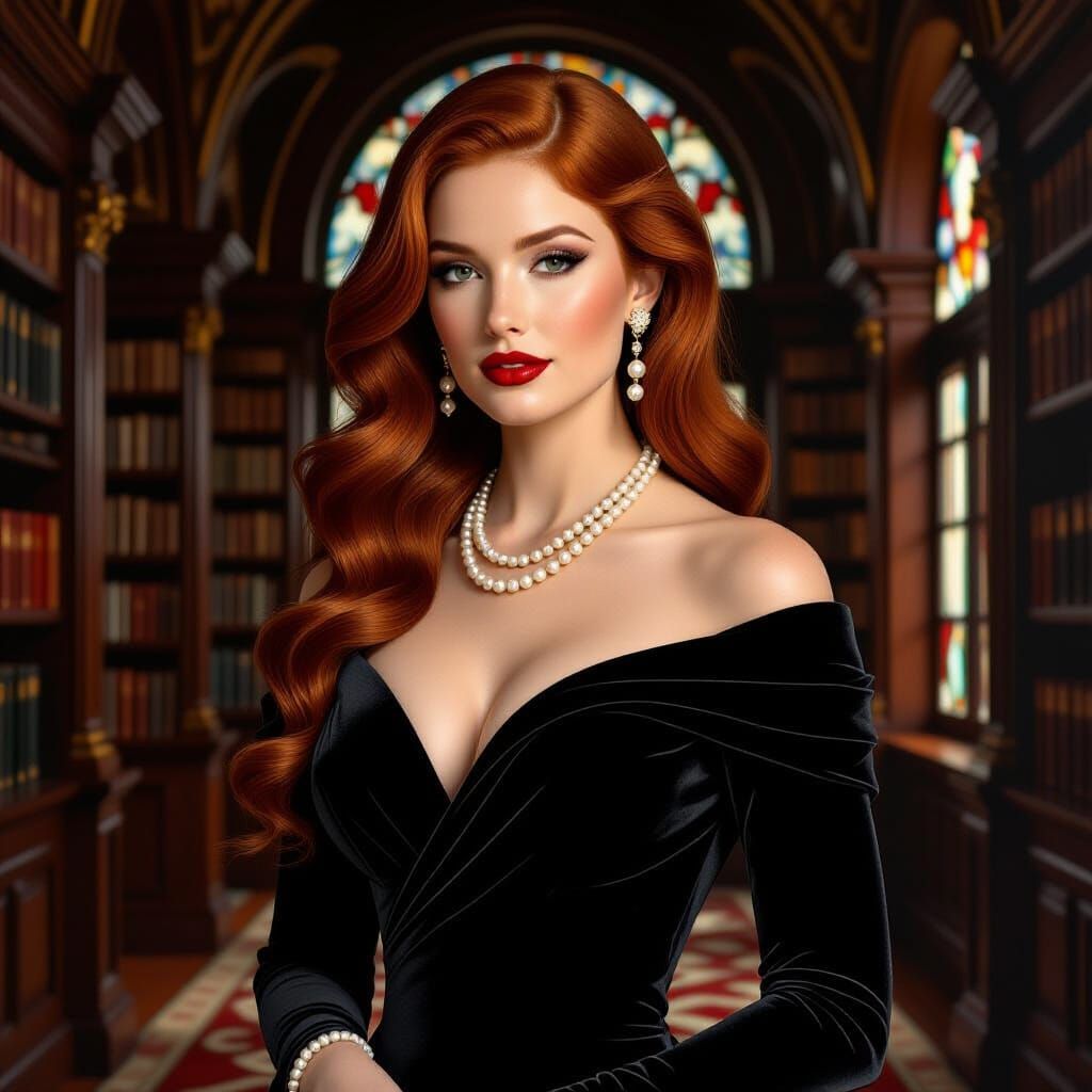 Elegant Redhead in Library, Dramatic Lighting as Oil Paintin...