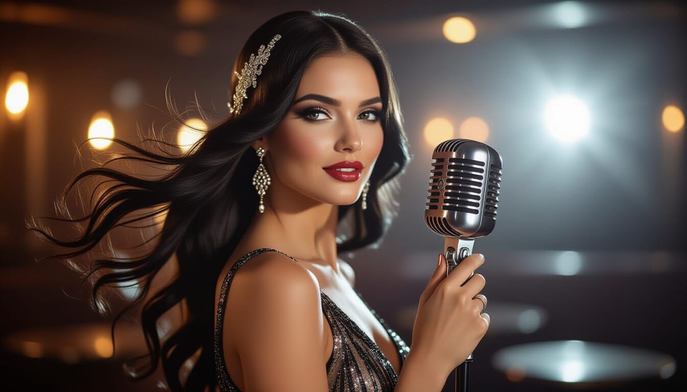 Striking Jazz Singer in a Dimly Lit Club