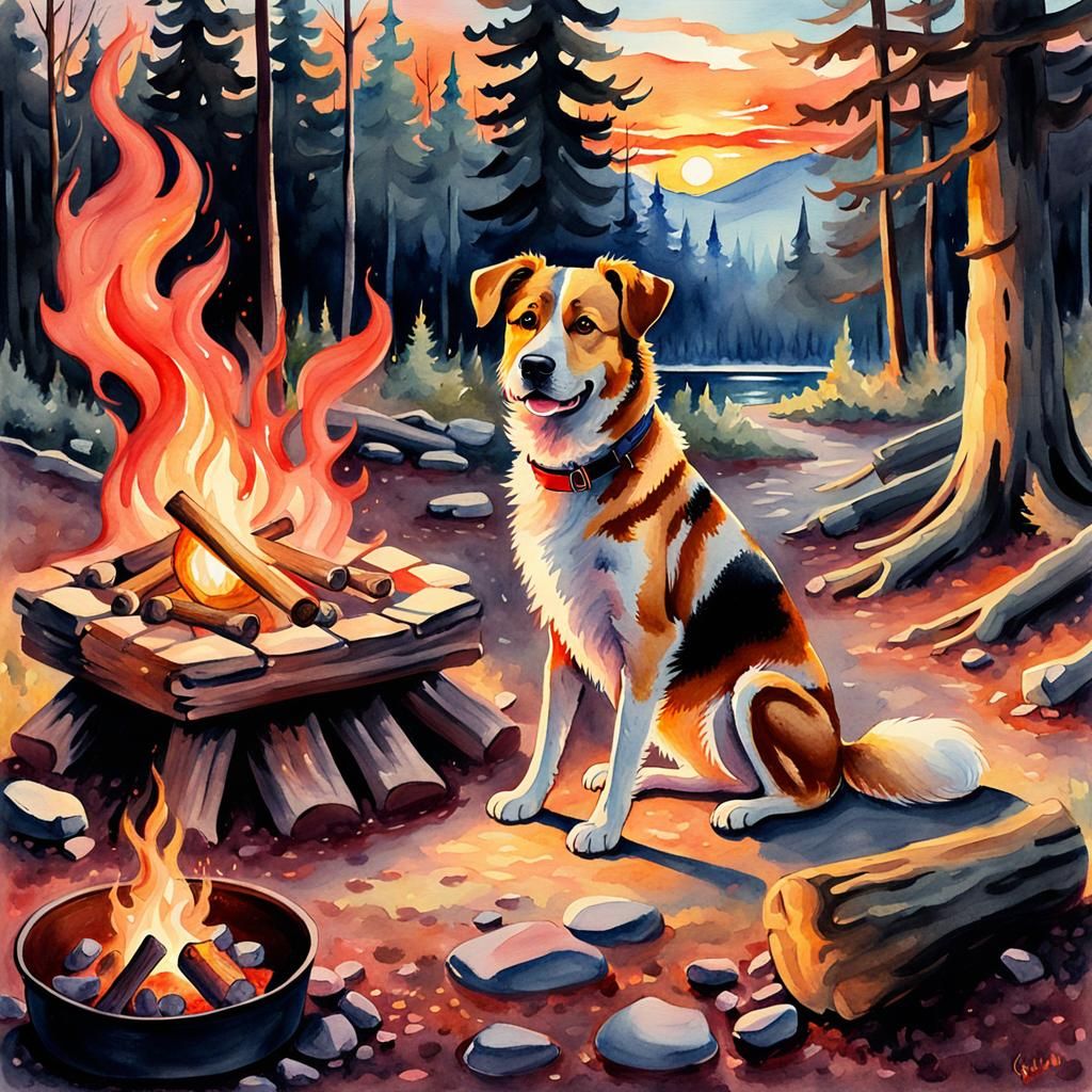 Watercolor Dog Enjoying Campfire at Sunset