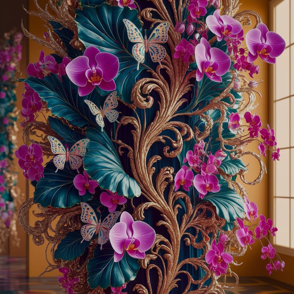 Opulent Vertical Tapestry of Tropical Flora in Neon Colors