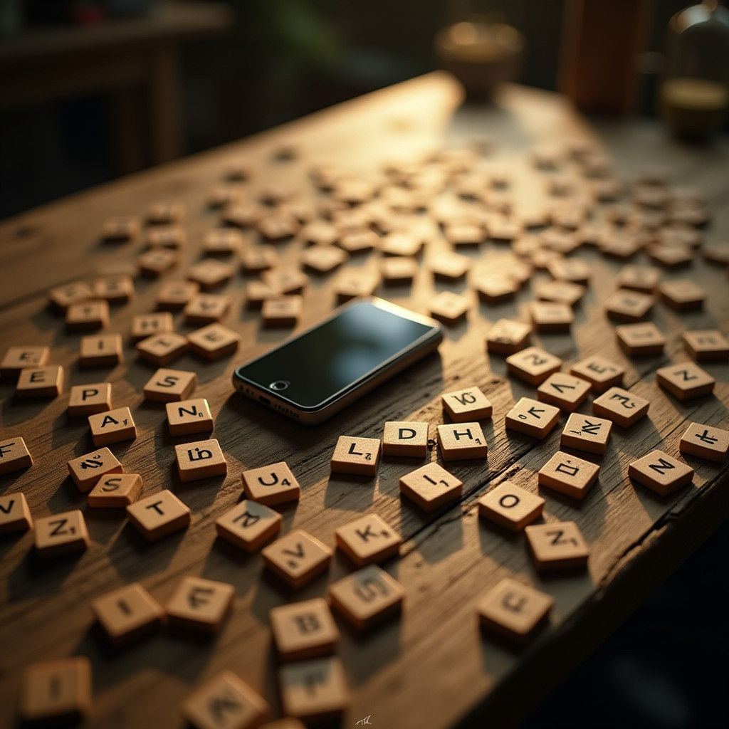 Scrabble Letters and Phone on Wooden Table