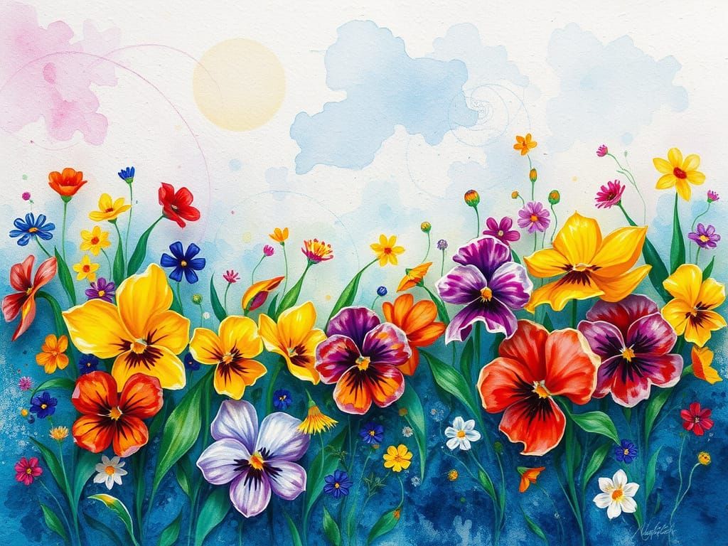 Vibrant Spring Floral Scene in Whimsical Aquarelle Style