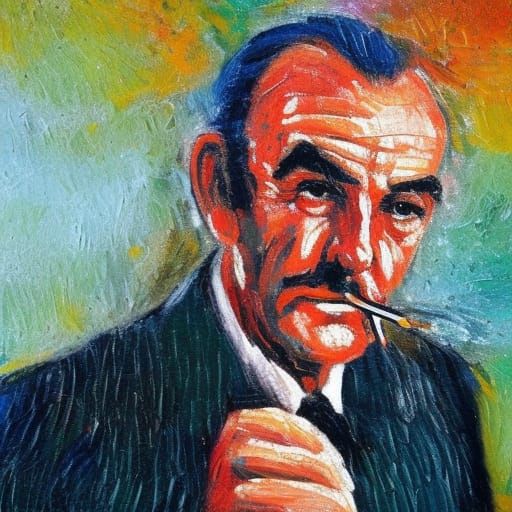 Sean Connery Smoking: Neo-Impressionist Oil Painting