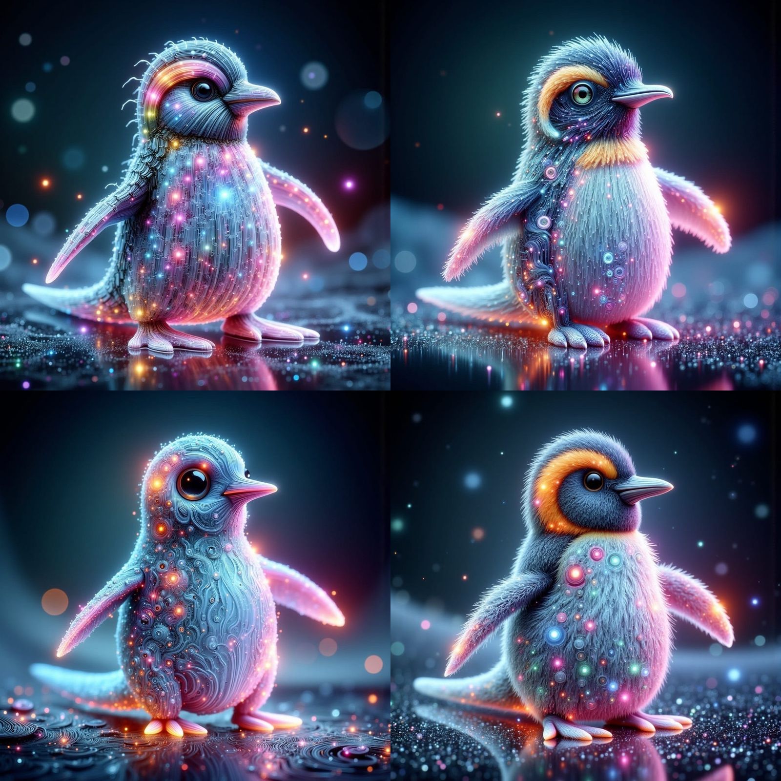 Surreal Cyberpunk Baby Penguin in Holographic Crystals