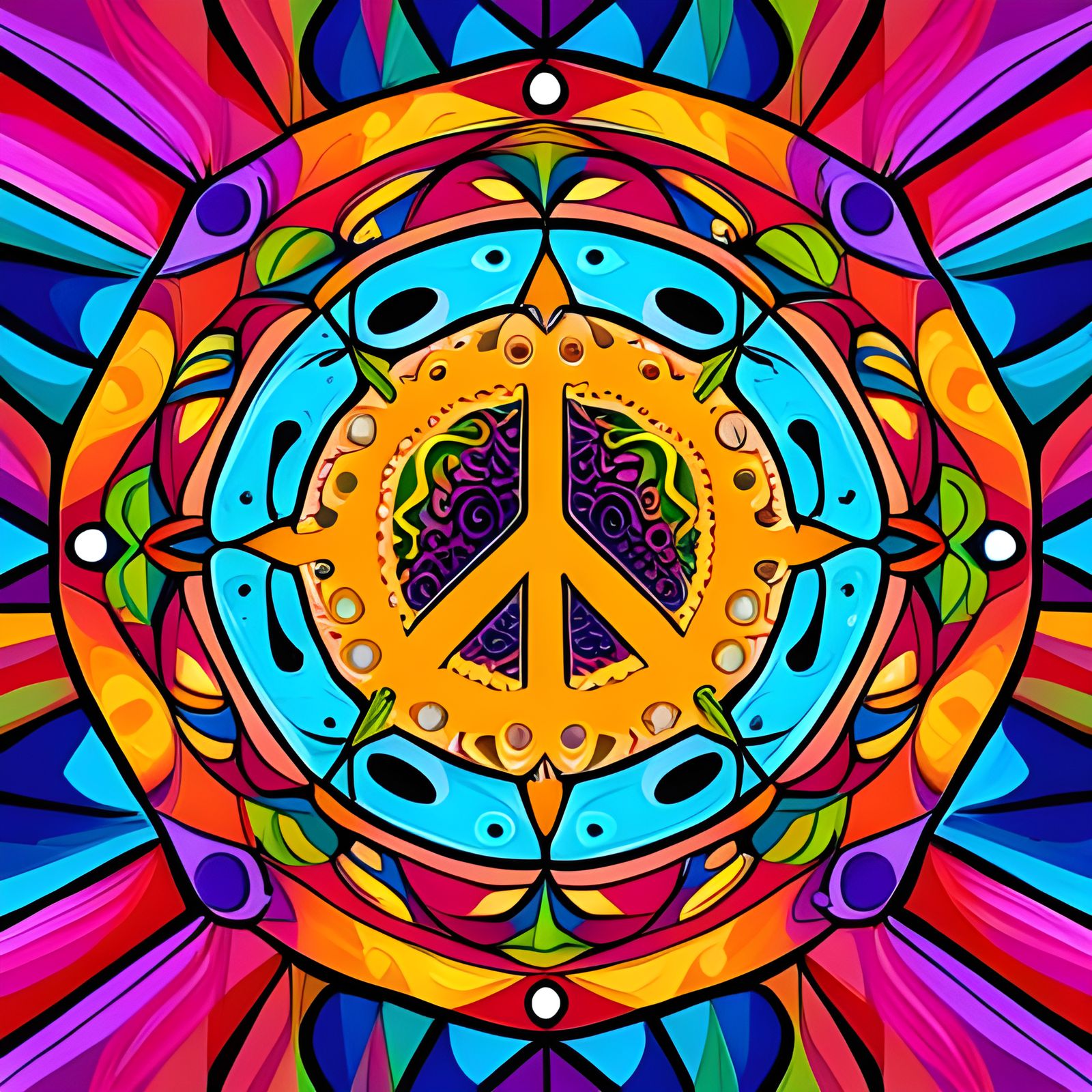 Psychedelic Mandala in 1960s Hippie Style, Digital Art