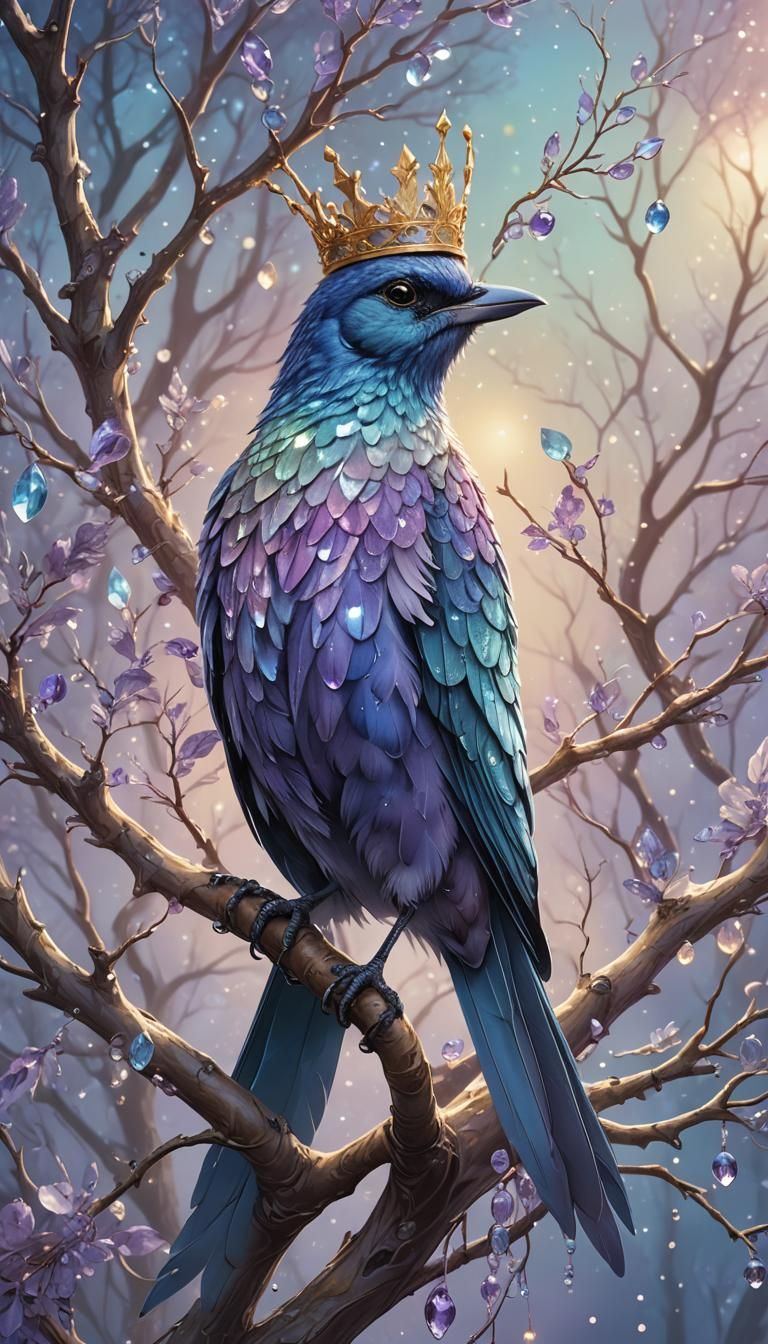 Iridescent Bird with Crown in Whimsical Forest