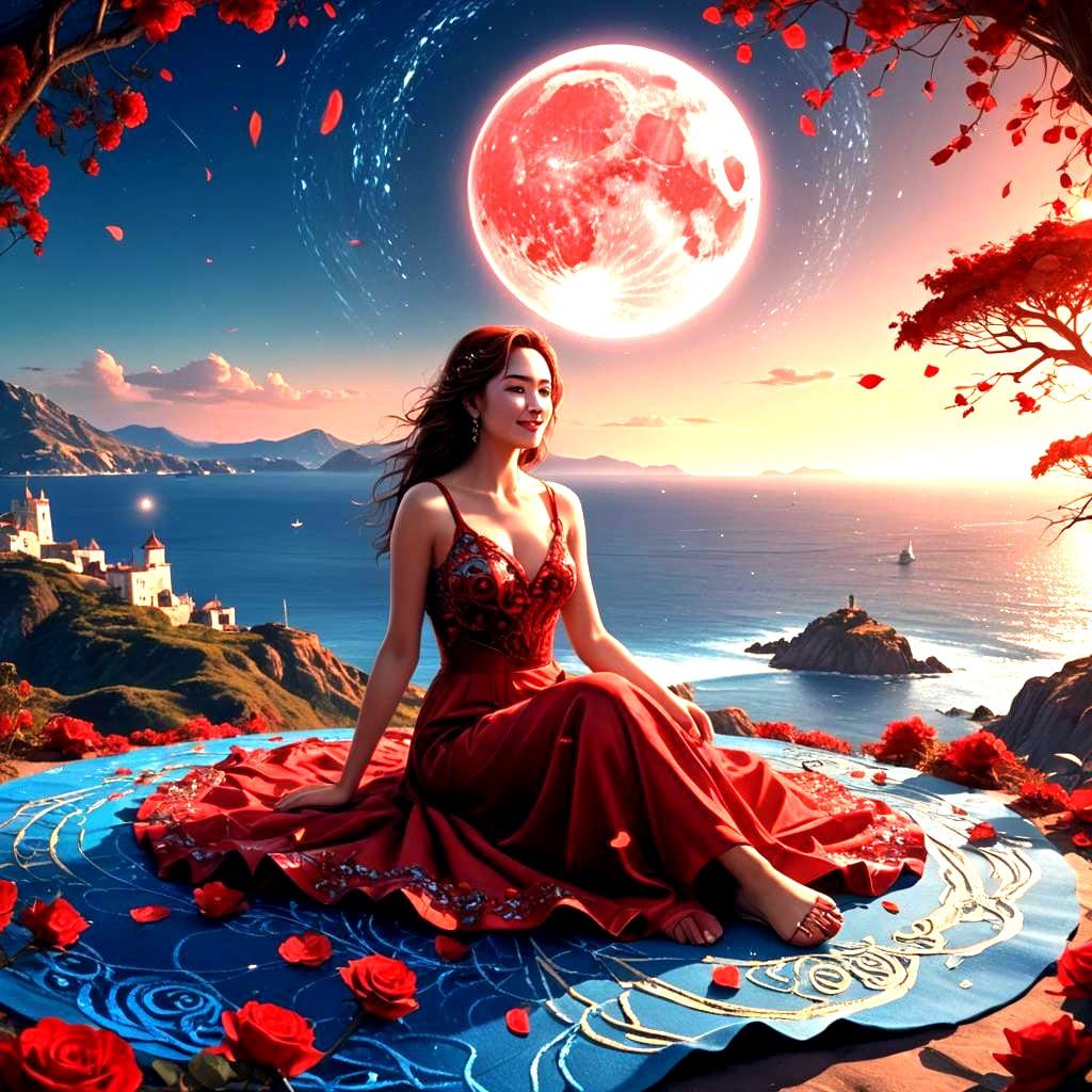 Rose Red Dress with Ocean View in Digital Art