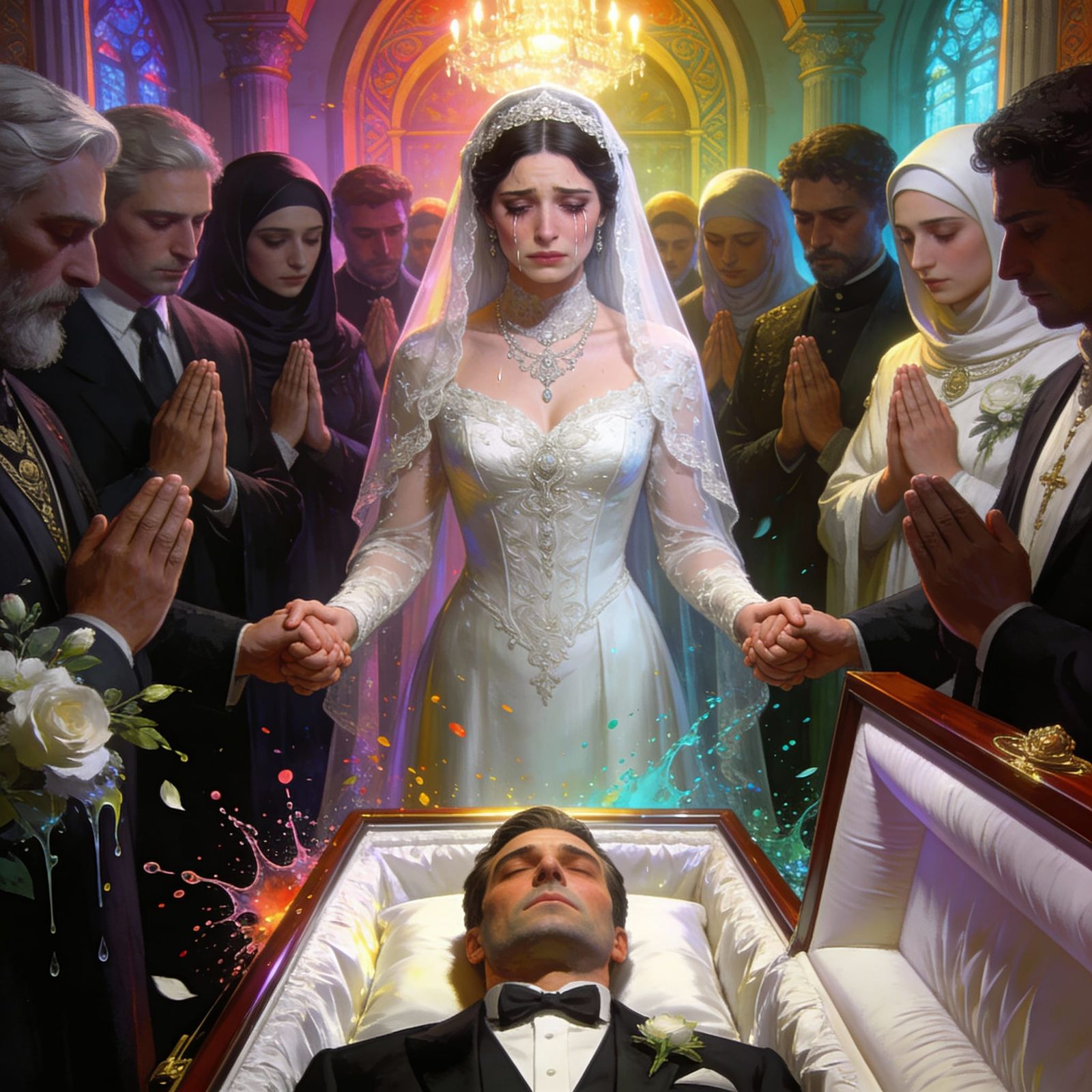 Solemn Funeral Scene: Widow Prays with Mourners