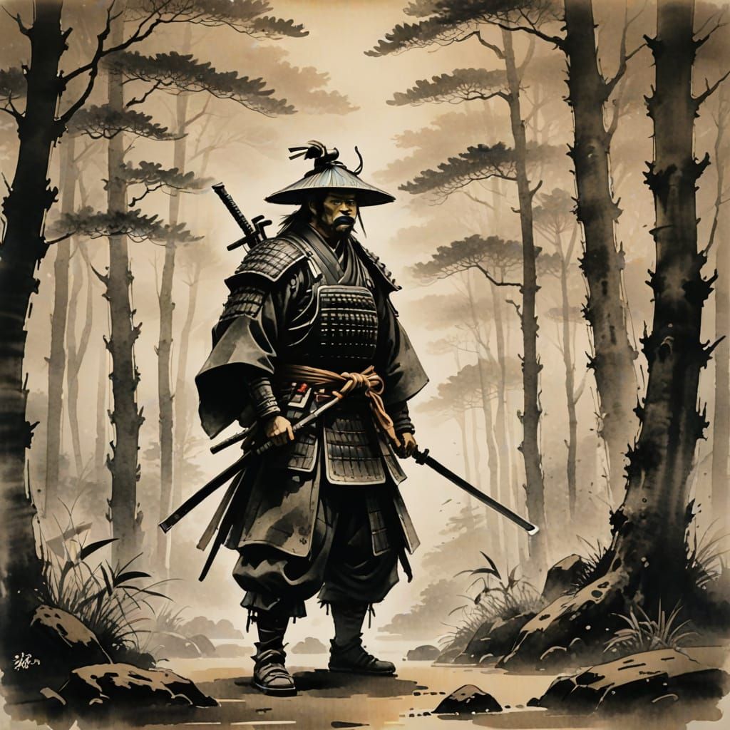 Ancient Samurai in Misty Forest: Sumi-e Ink Painting