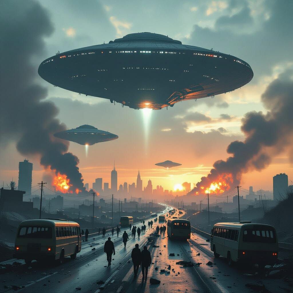 Alien Invasion Over Devastated Cityscape