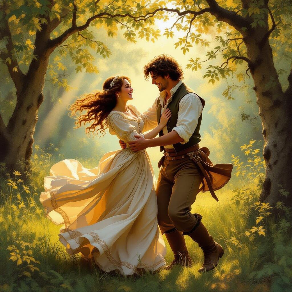 Regency Couple Laughing in Sunlit Forest Clearing