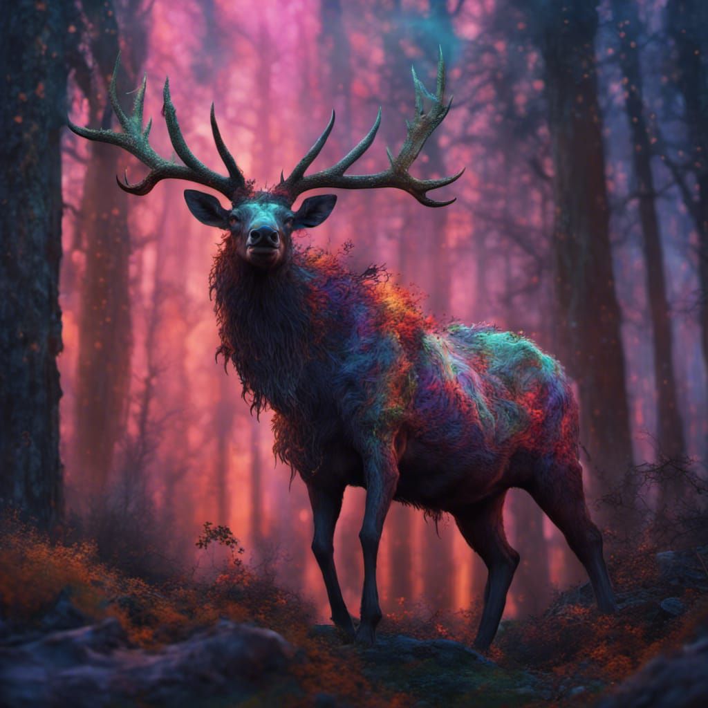 Antlered Fire Demon Elk in Psychedelic Style
