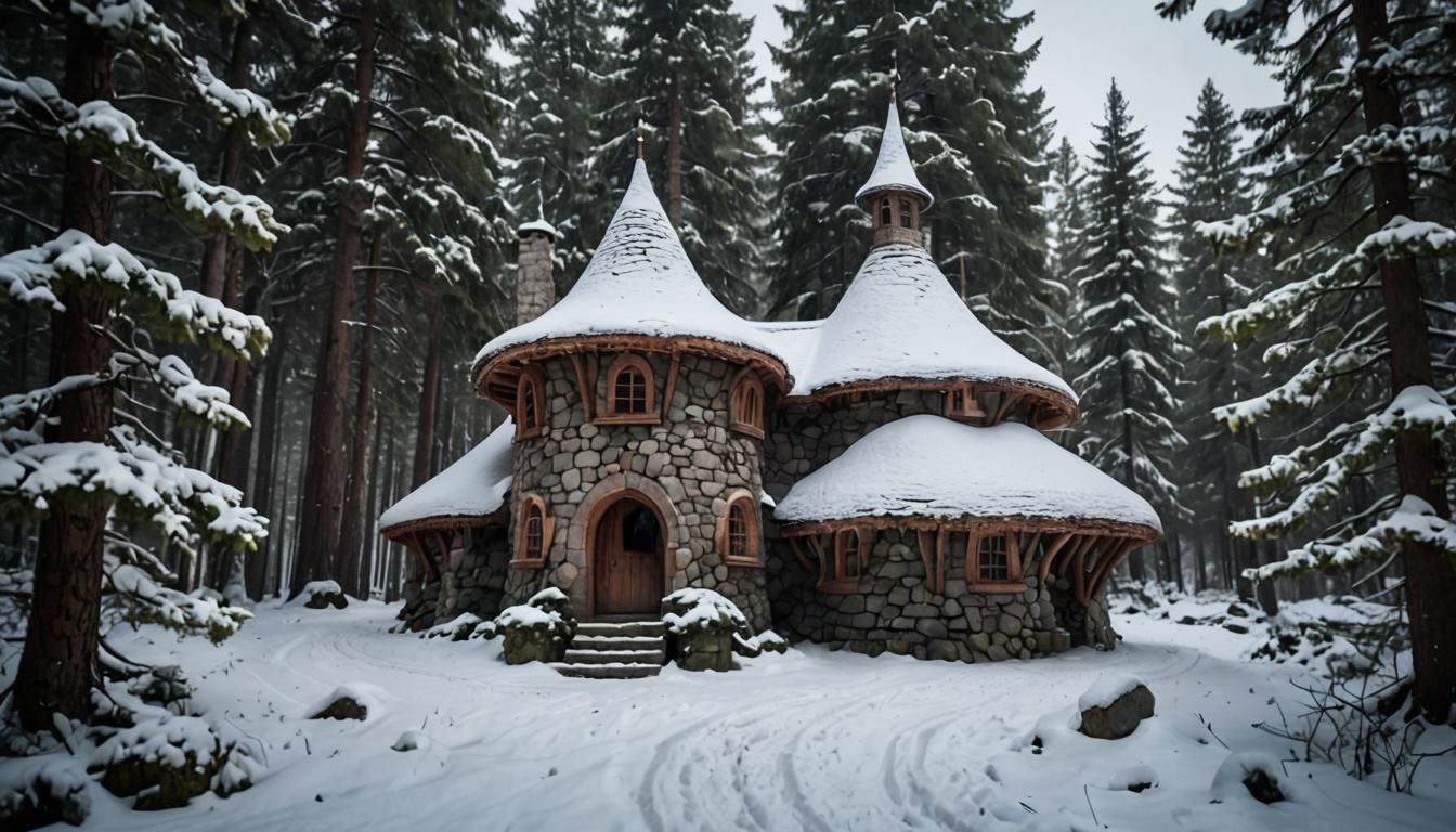 Enchanted Elven Cottage in Snowy Pine Forest
