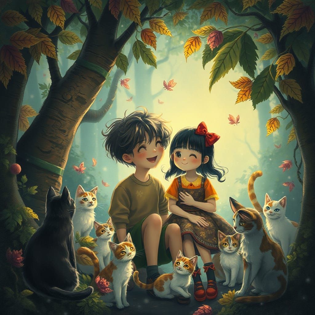 Enchanted Forest Scene with Whimsical Cats
