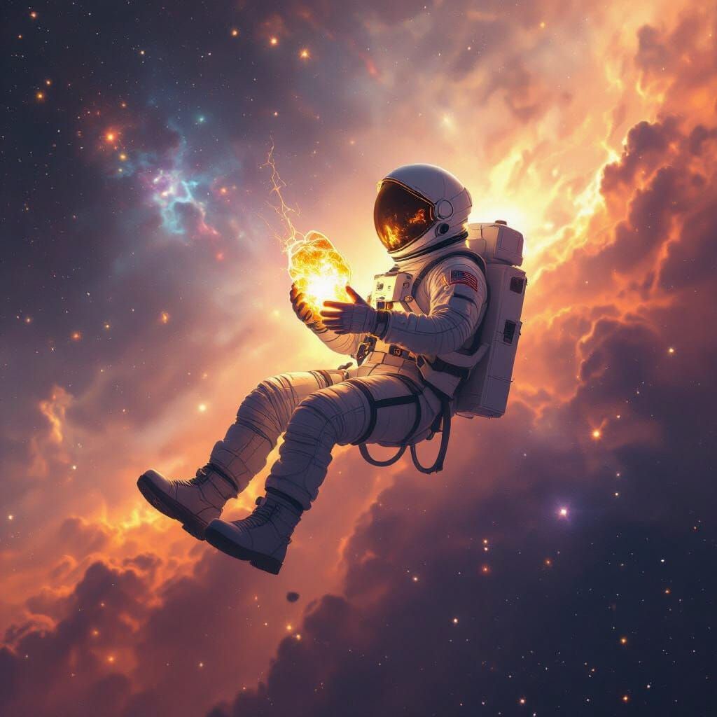 Astronaut Adrift in Nebula with Glowing Artifact