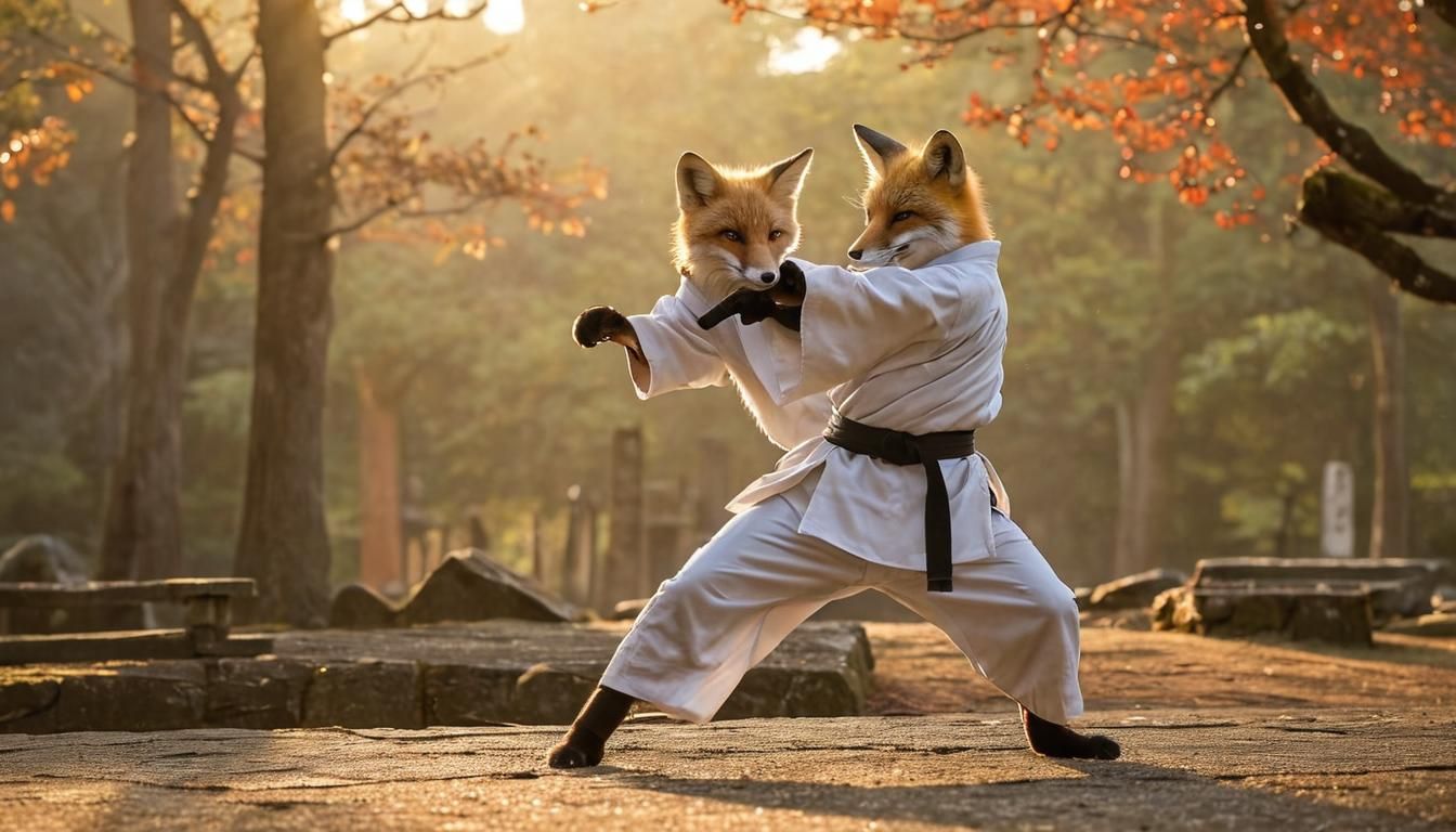 Anthropomorphic Fox Martial Arts Kata at Sunset
