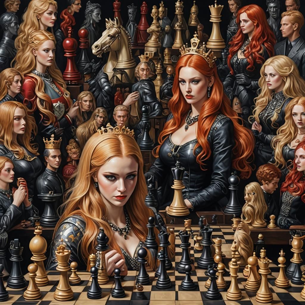 Maximalist Chessboard with Blond and Red-Haired Pieces