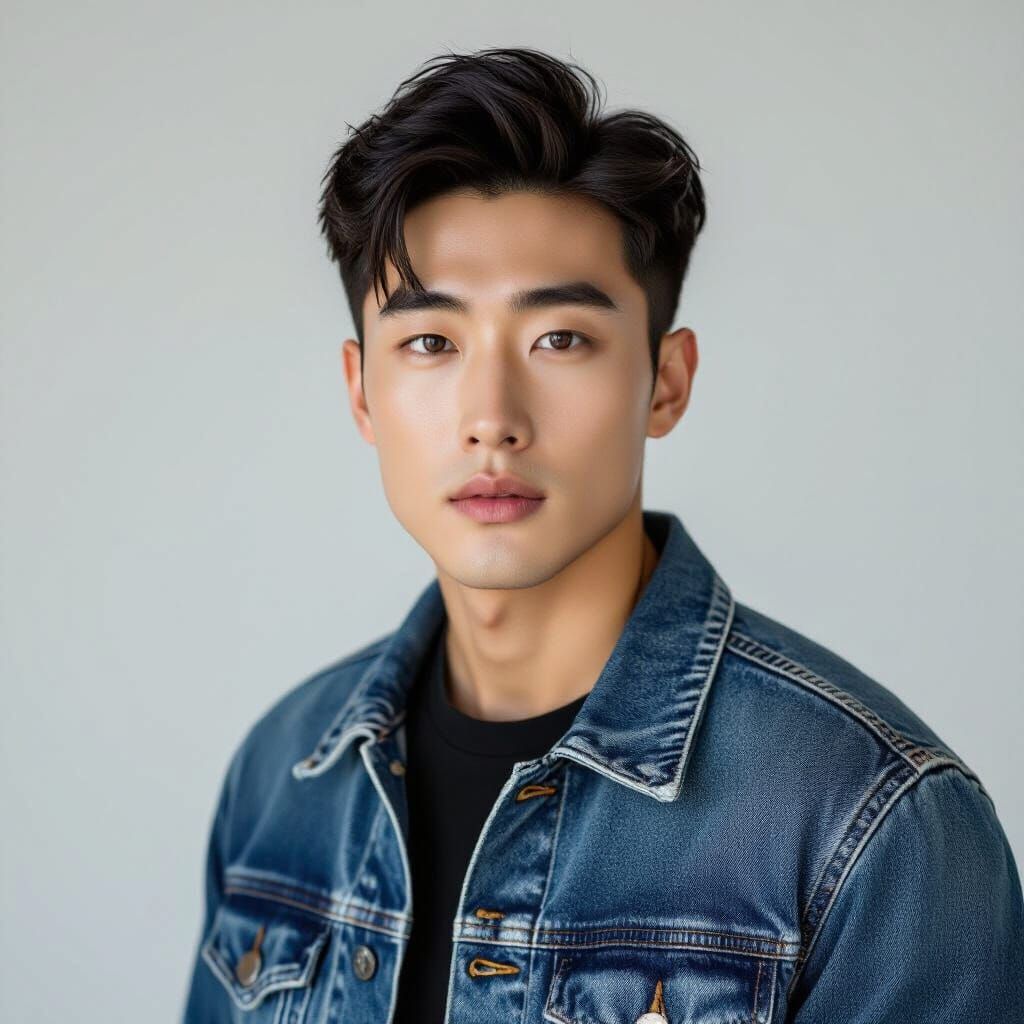 Handsome Korean Model in Printed Denim Jacket