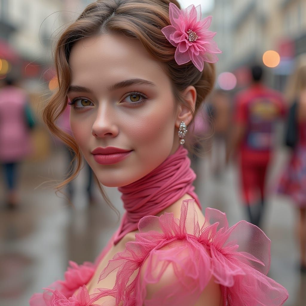 Elegant Woman in Pink Corset Dress: Photorealistic Portrait