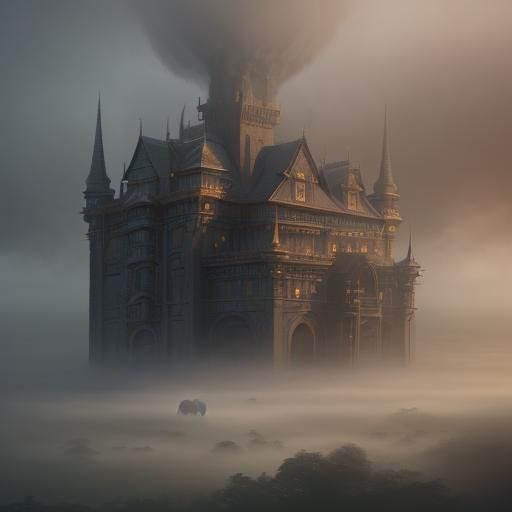 House in Fog Surrounded by Elephants: Matte Painting
