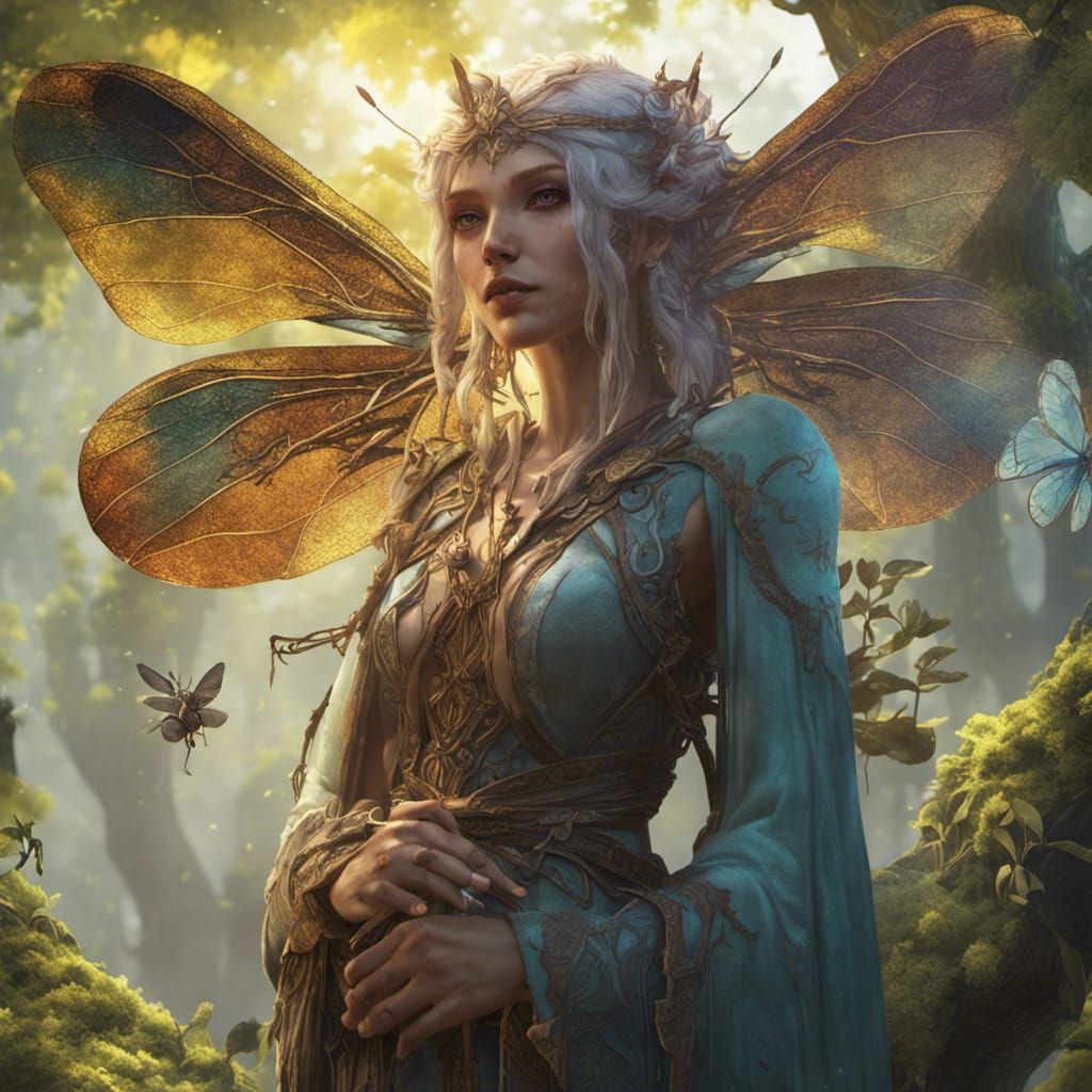 Elven Sorceress and Mystical Dragonfly Companion
