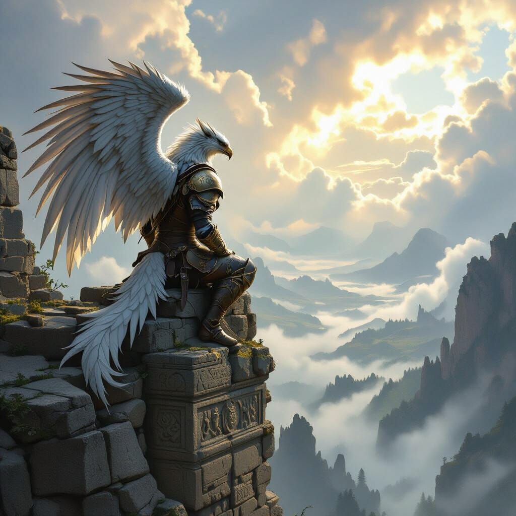 Armored Griffin Perched on Ancient Ruins