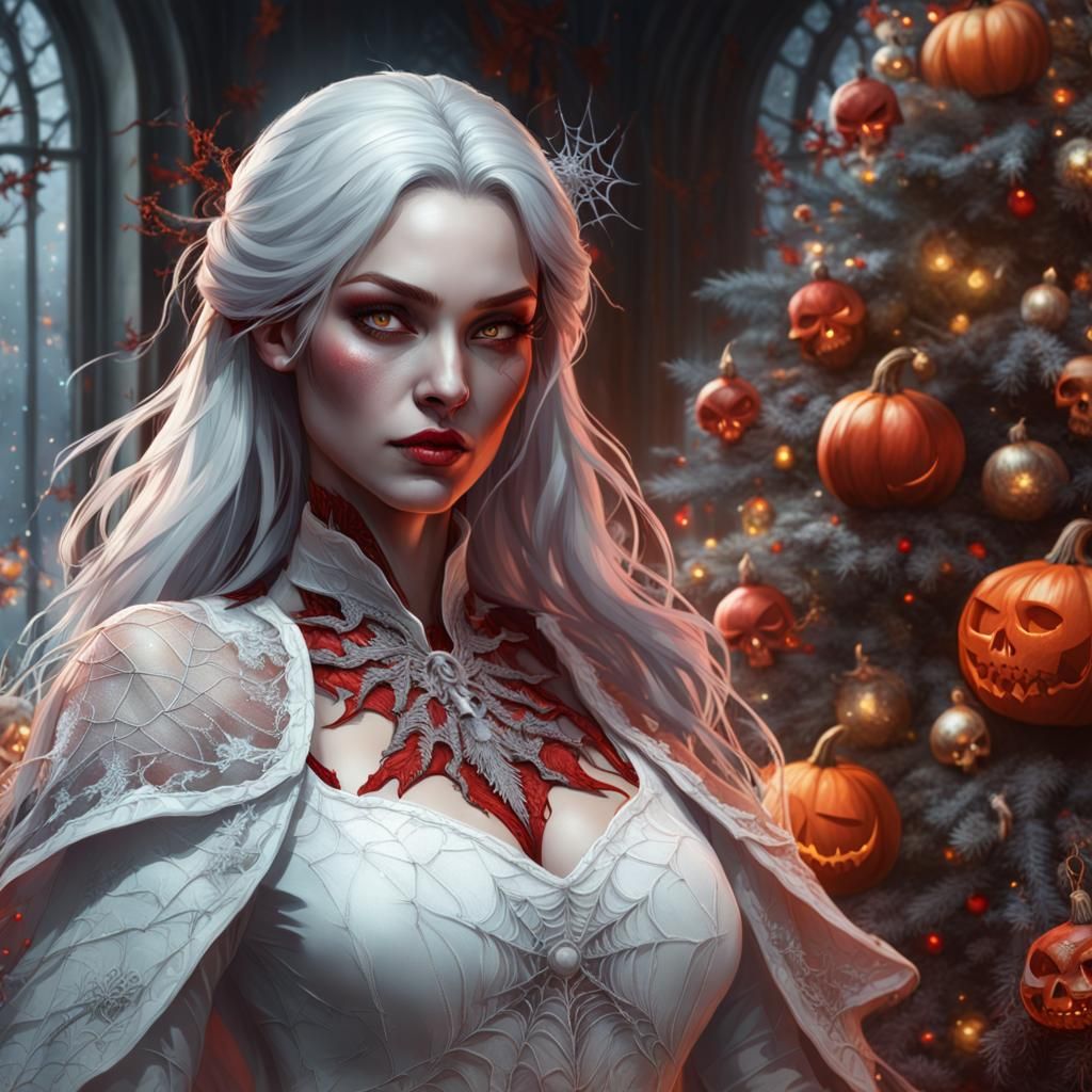 Festive Witch Portrait with Spiderweb Christmas Tree