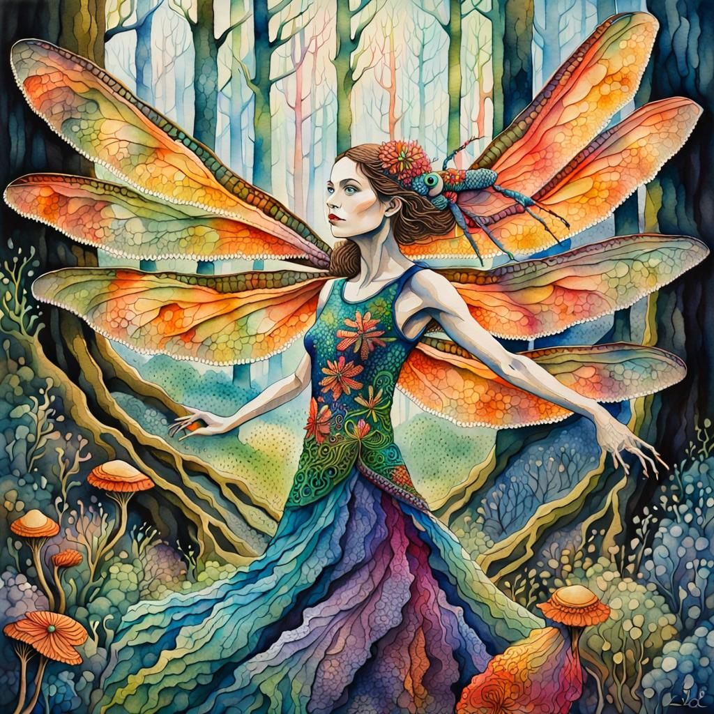 Dragonfly-Human Hybrid Dancing in Forest, Watercolor Paintin...