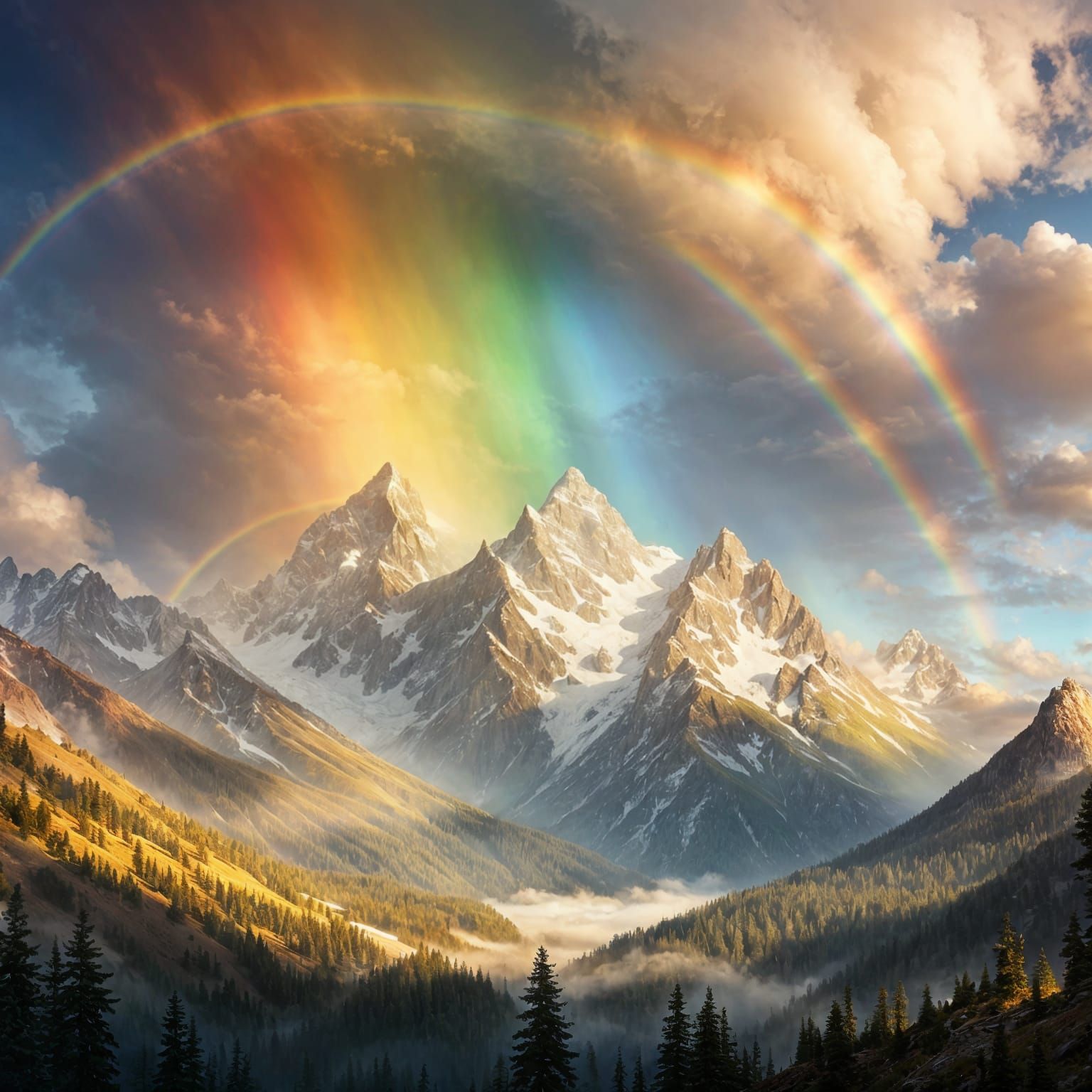 Epic Rainbow Over Mountain in Digital Painting Style