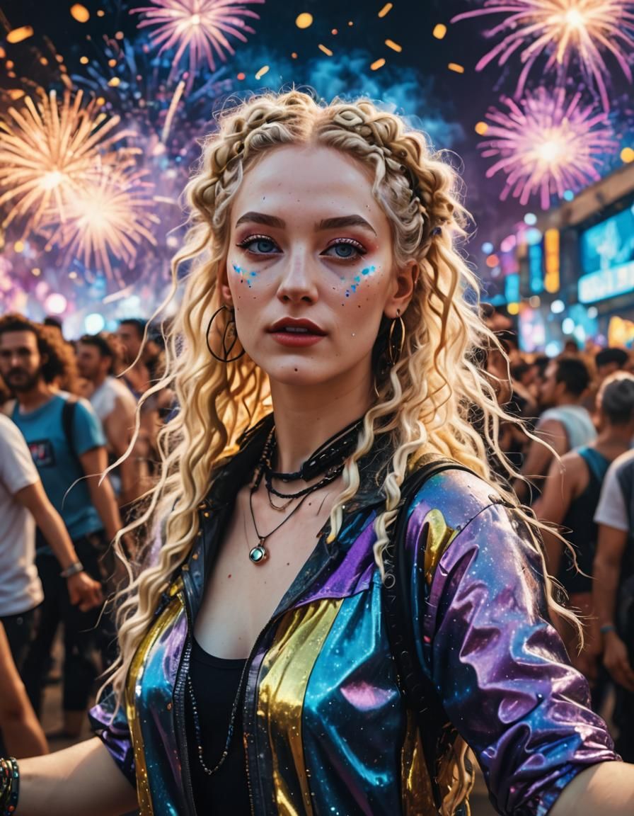 Cyberpunk Rave Girl Dancing at Festival in Dali Style