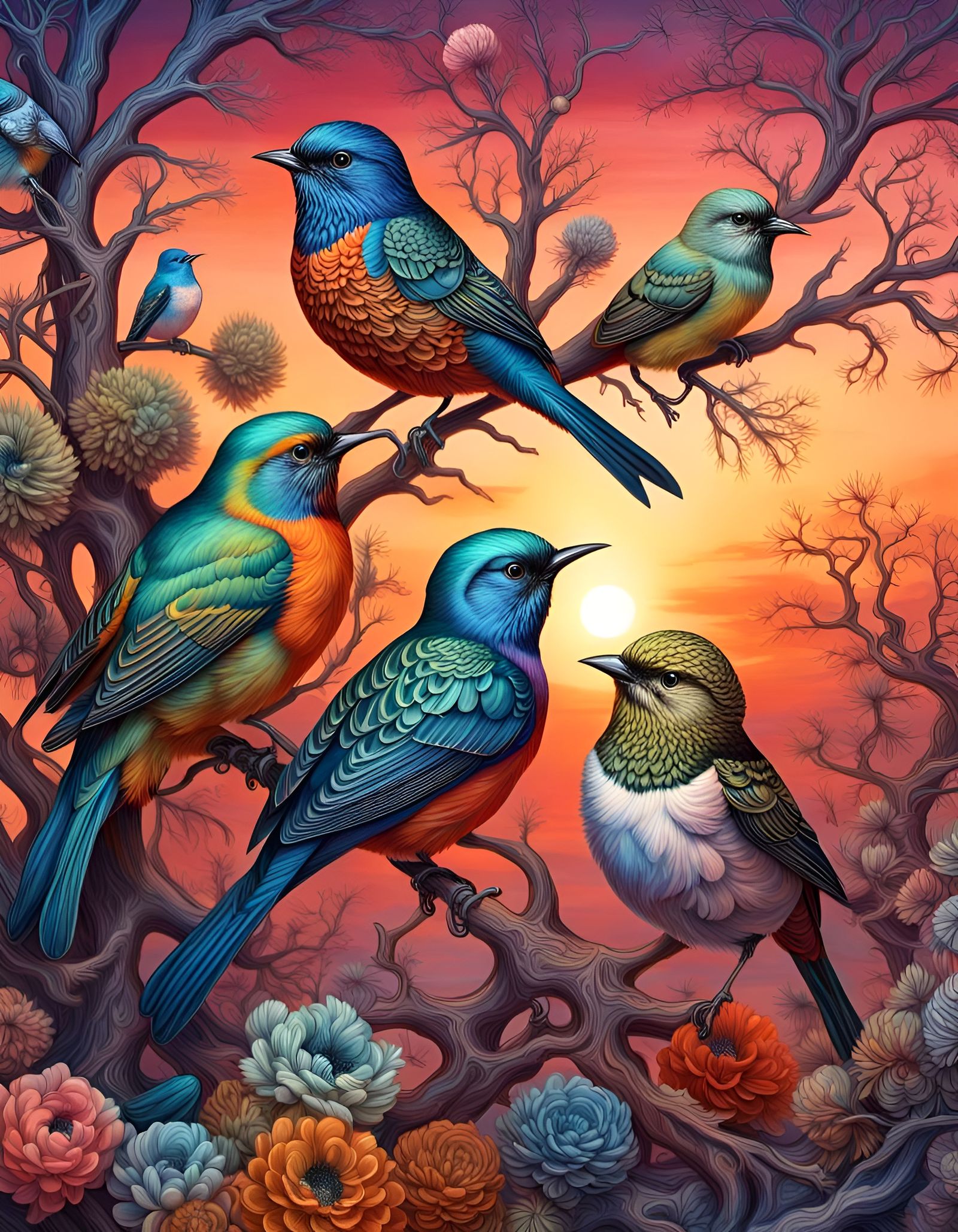 Songbirds in Winter Tree, Haeckel Style