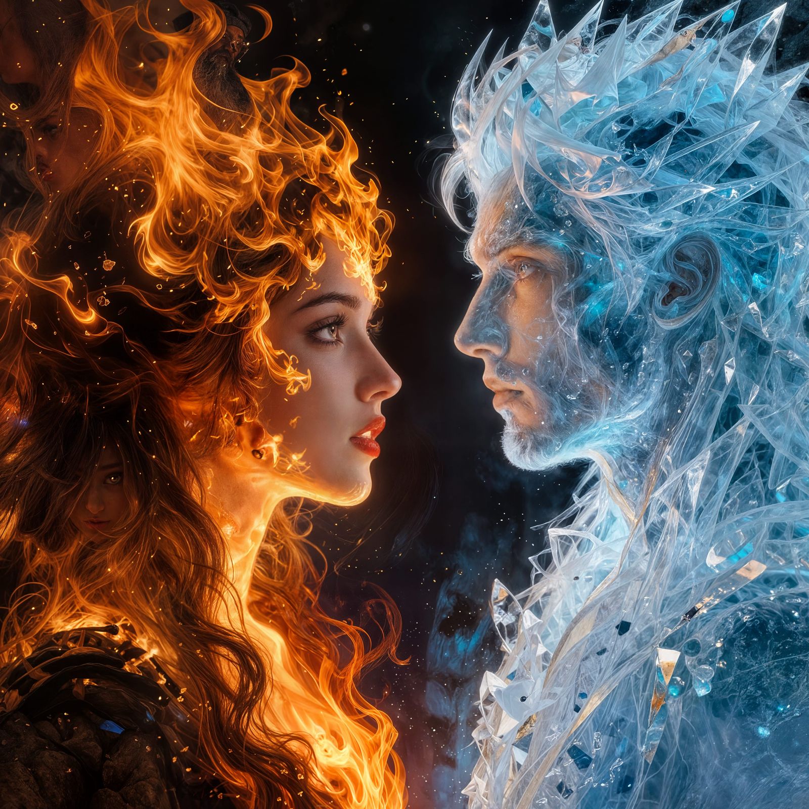 Fire Woman Meets Ice Man in Dramatic Digital Painting