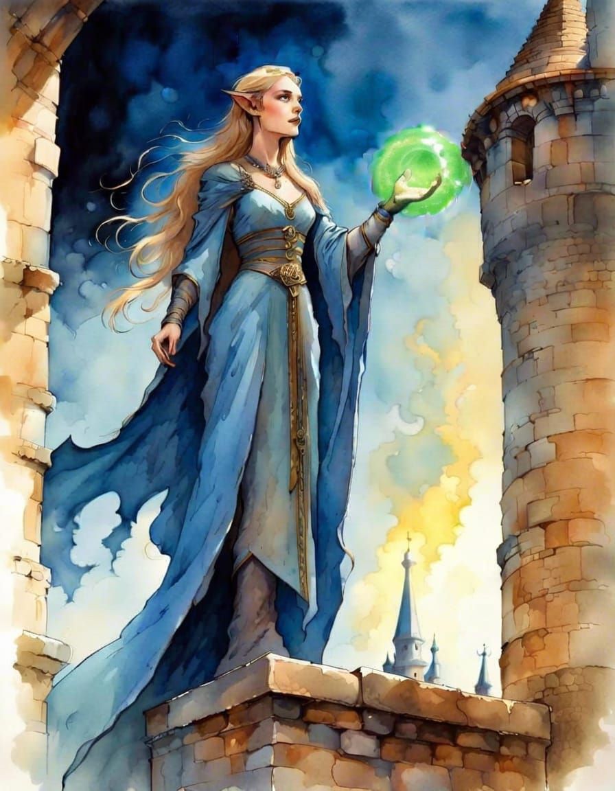 Elven Sorceress on Castle Parapet in Watercolor Style