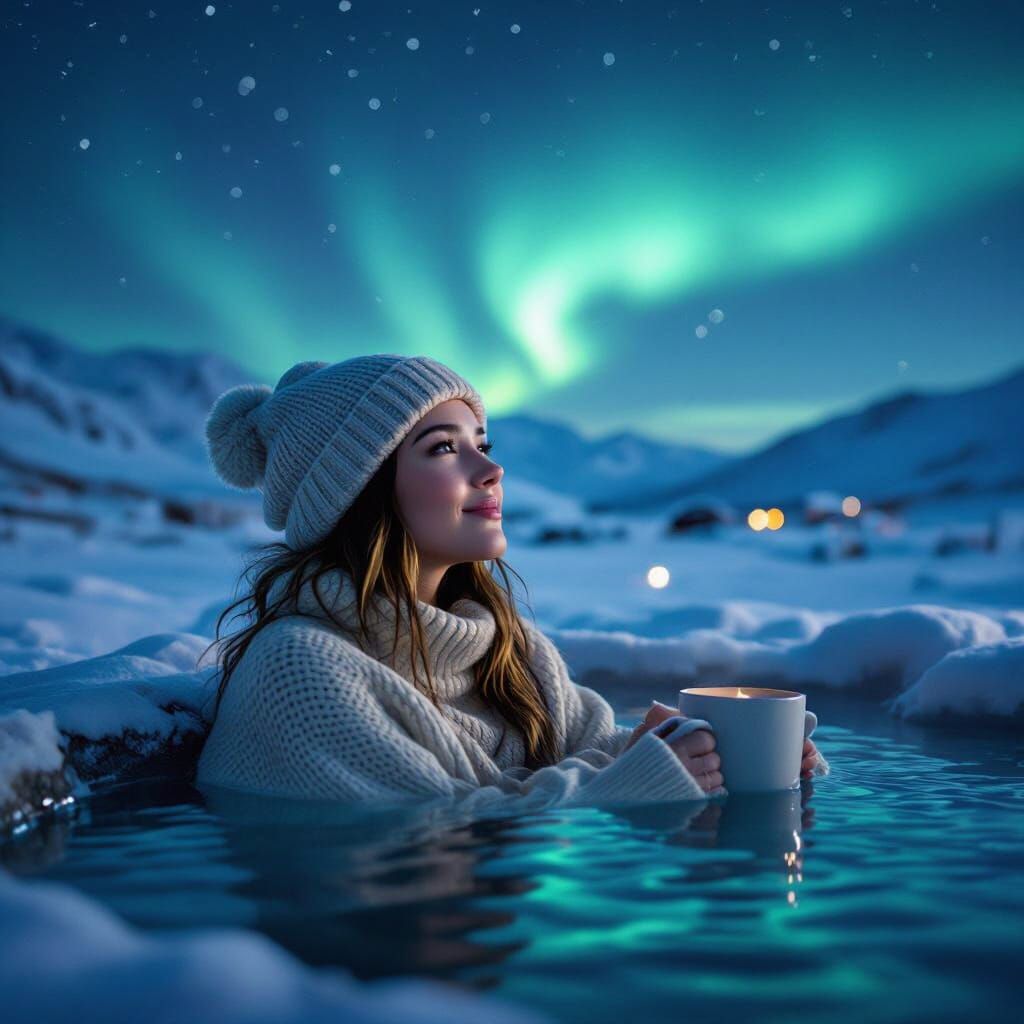 Woman Enjoys Icelandic Hot Spring Under Northern Lights