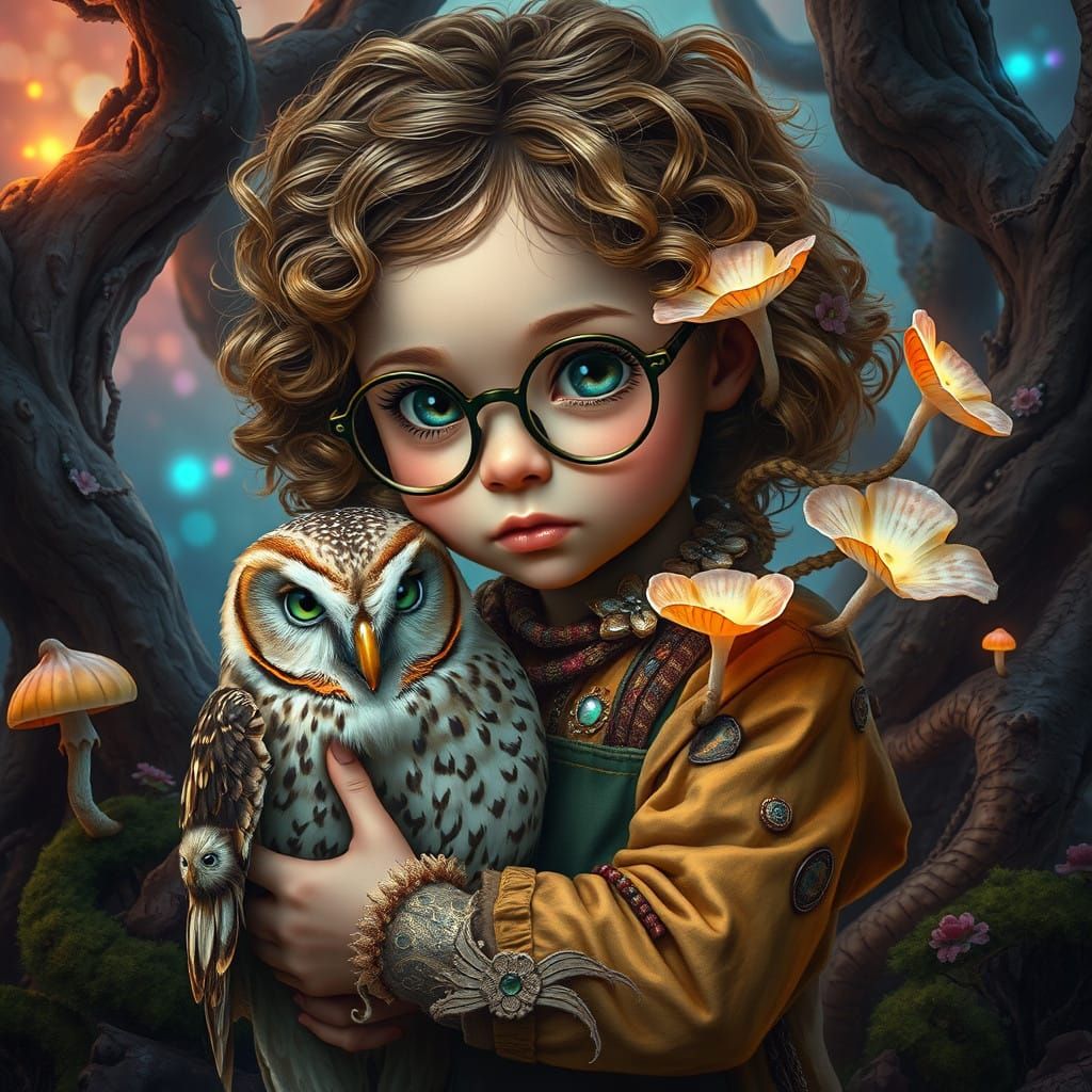 Whimsical Orphan Girl in Vibrant, Fantastical Surroundings