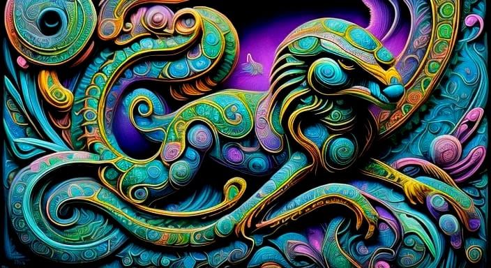 Aztec Deities in UV Blacklight Surrealism