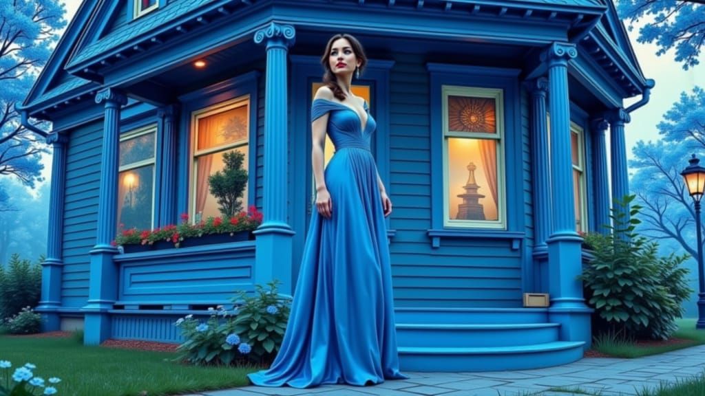 Blue House with Woman in Art Nouveau Style