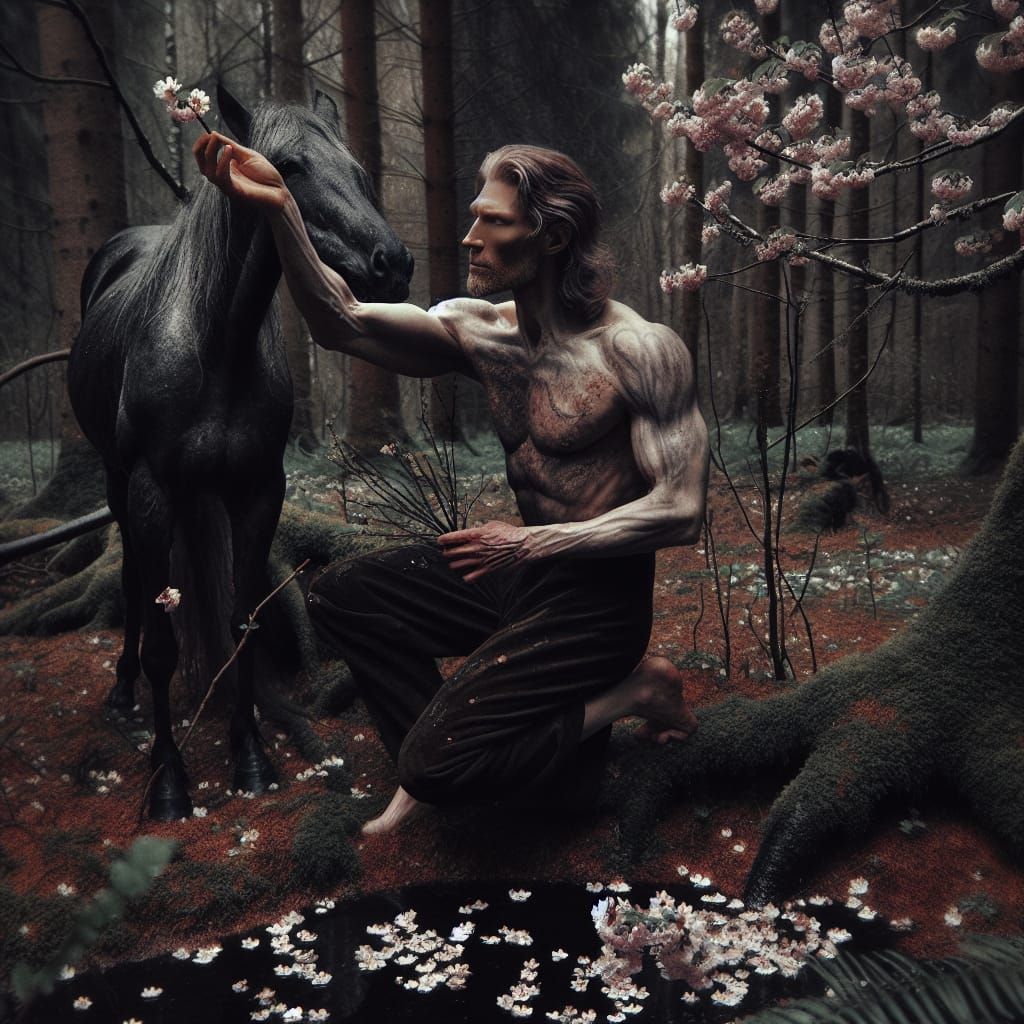 Centaur and Cherry Blossom in Pre-Raphaelite Style