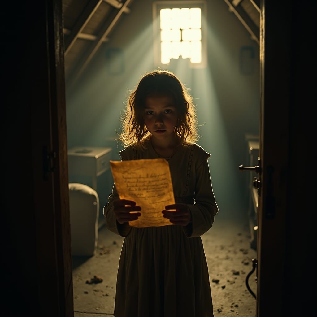 Girl with Letter in Dimly Lit Attic