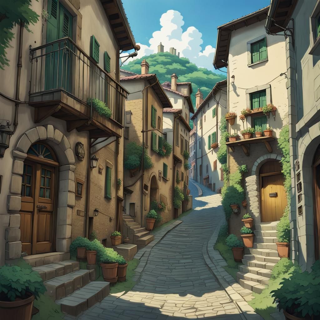 Medieval Italian Town in Studio Ghibli Style