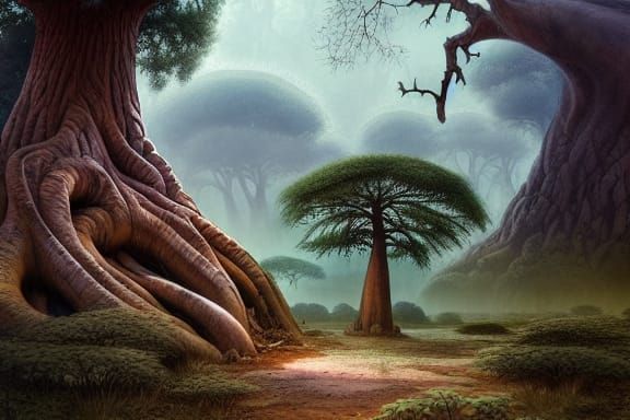 Gnarled Baobab Tree with Arcane Monuments, Watercolor Art