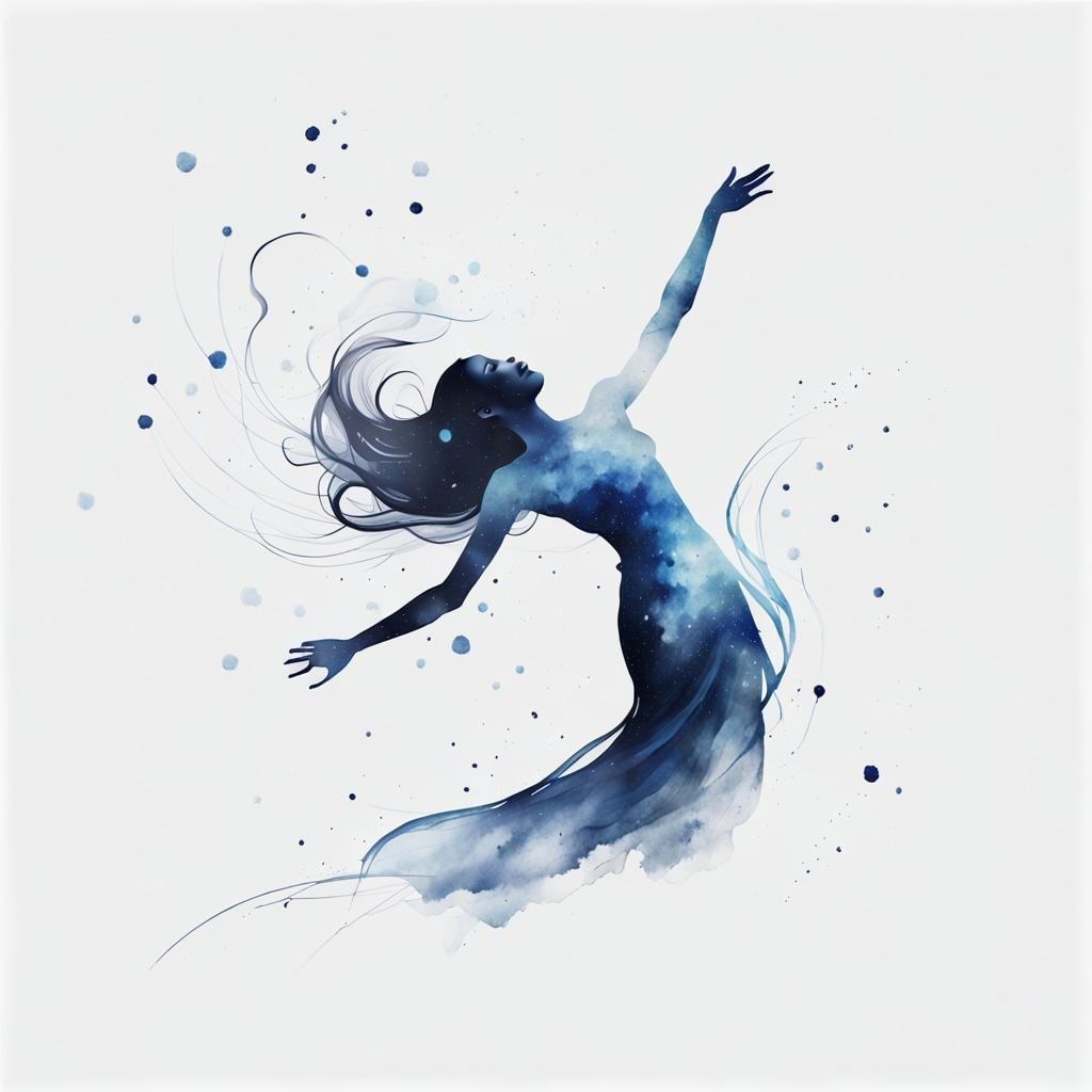 Graceful Woman Drifting in Space: Minimalist Ink Art