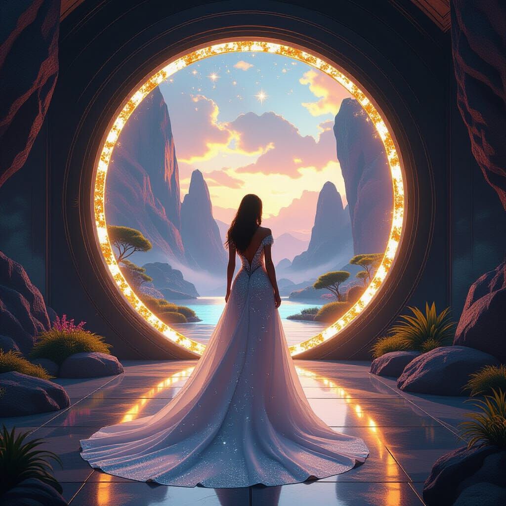 Woman Before Cosmic Portal to Alien Zen Garden