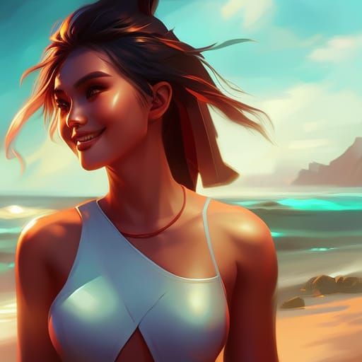 Happy Girl on Beach in Anime Style