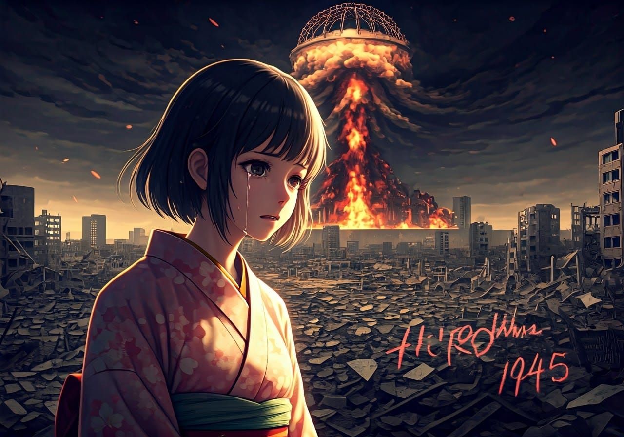 Sorrowful Anime Girl Contemplates Hiroshima's Ruin in Tradit...